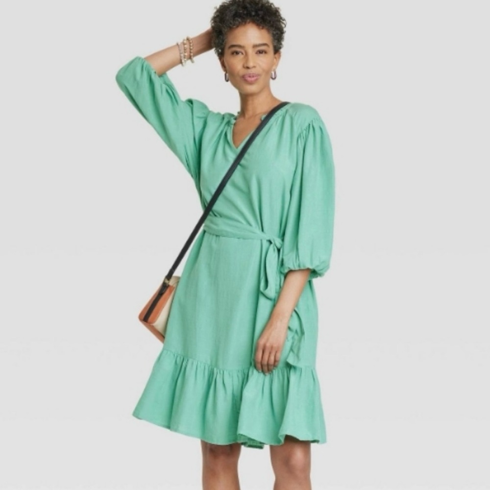 Knox Rose Women’s Teal 3/4 Puffy Sleeve Vneck ruffle dress with tie belt XS